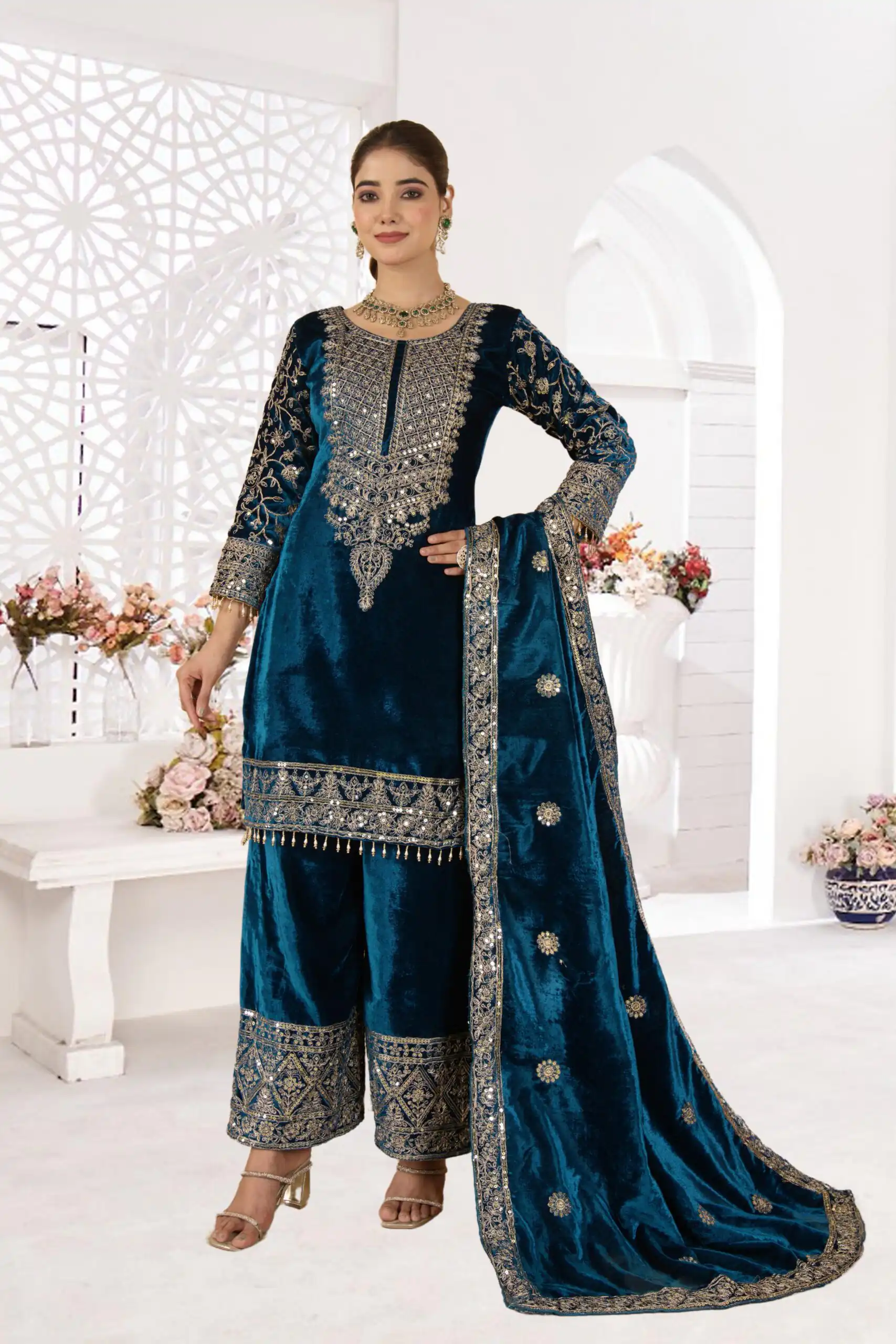 NF 1231 Teal Viscose Velvet Salwar Suit. Perfect for Wedding, Party, Traditional Day, Baisakhi, Eid – Available at ₹2399 only. Delivery 4-6 Workin | Jump Suits, Straight Suits, Casual Suits, Creative suits, Designer Suits, Palazzo Suits, Party Wear Suits, Patiala Suits, Salwar suit