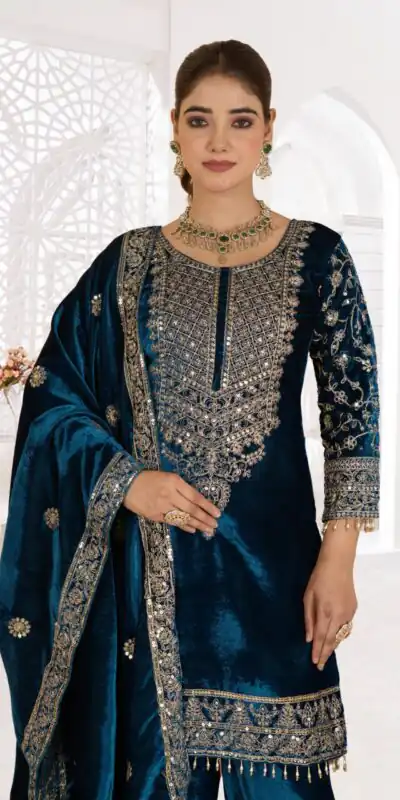 NF 1231 Teal Viscose Velvet Salwar Suit. Perfect for Wedding, Party, Traditional Day, Baisakhi, Eid – Available at ₹2399 only. Delivery 4-6 Workin | Jump Suits, Straight Suits, Casual Suits, Creative suits, Designer Suits, Palazzo Suits, Party Wear Suits, Patiala Suits, Salwar suit