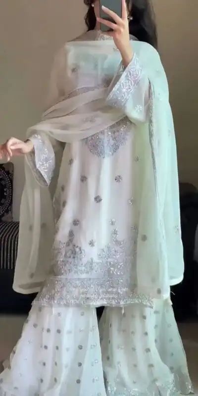 KD 1561 White Faux Georgette Salwar Suit Perfect for Wedding, Party, Holi, Haldi, Sangeet – . Best Price ₹2399. Delivery 4-6 Working Days. Shop now. | Jump Suits, Straight Suits, Casual Suits, Creative suits, Designer Suits, Palazzo Suits, Party Wear Suits, Patiala Suits, Salwar suit