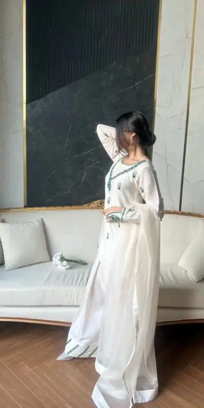 LG 1690 White Natural Crap Salwar Suit with Embroidery Work & Mirror Work. Special Price ₹1799. Delivery 4-6 Working Days. Shop now. | Jump Suits, Straight Suits, Tops & Bottoms, Track Suits, Trendy Wear, Casual Suits, Creative suits, Designer Suits, Palazzo Suits, Party Wear Suits, Patiala Suits, Salwar suit