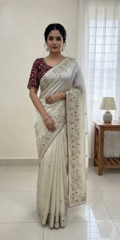 NC 5555 White Organza Silk Saree with Sequins Work & Embroidery Work. Exclusive Offer ₹2049. Delivery 4-6 Working Days. Shop now. | Bollywood Sarees, Creative Sarees, Designer Sarees, Embroidered Sarees, Ethnic Saree, Modern Digital sarees, Party Wear Sarees, Sarees