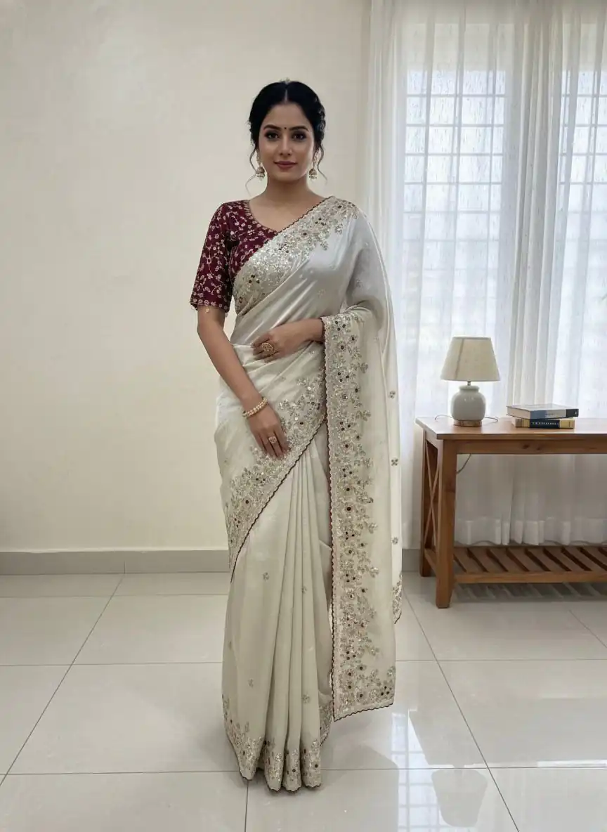NC 5555 White Organza Silk Saree with Sequins Work & Embroidery Work. Exclusive Offer ₹2049. Delivery 4-6 Working Days. Shop now. | Bollywood Sarees, Creative Sarees, Designer Sarees, Embroidered Sarees, Ethnic Saree, Modern Digital sarees, Party Wear Sarees, Sarees