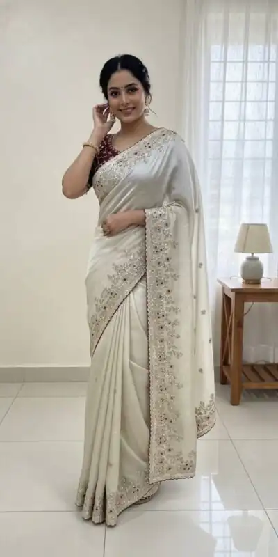 NC 5555 White Organza Silk Saree with Sequins Work & Embroidery Work. Exclusive Offer ₹2049. Delivery 4-6 Working Days. Shop now. | Bollywood Sarees, Creative Sarees, Designer Sarees, Embroidered Sarees, Ethnic Saree, Modern Digital sarees, Party Wear Sarees, Sarees