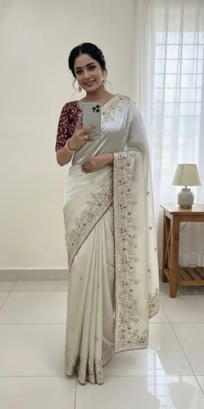 NC 5555 White Organza Silk Saree with Sequins Work & Embroidery Work. Exclusive Offer ₹2049. Delivery 4-6 Working Days. Shop now. | Bollywood Sarees, Creative Sarees, Designer Sarees, Embroidered Sarees, Ethnic Saree, Modern Digital sarees, Party Wear Sarees, Sarees