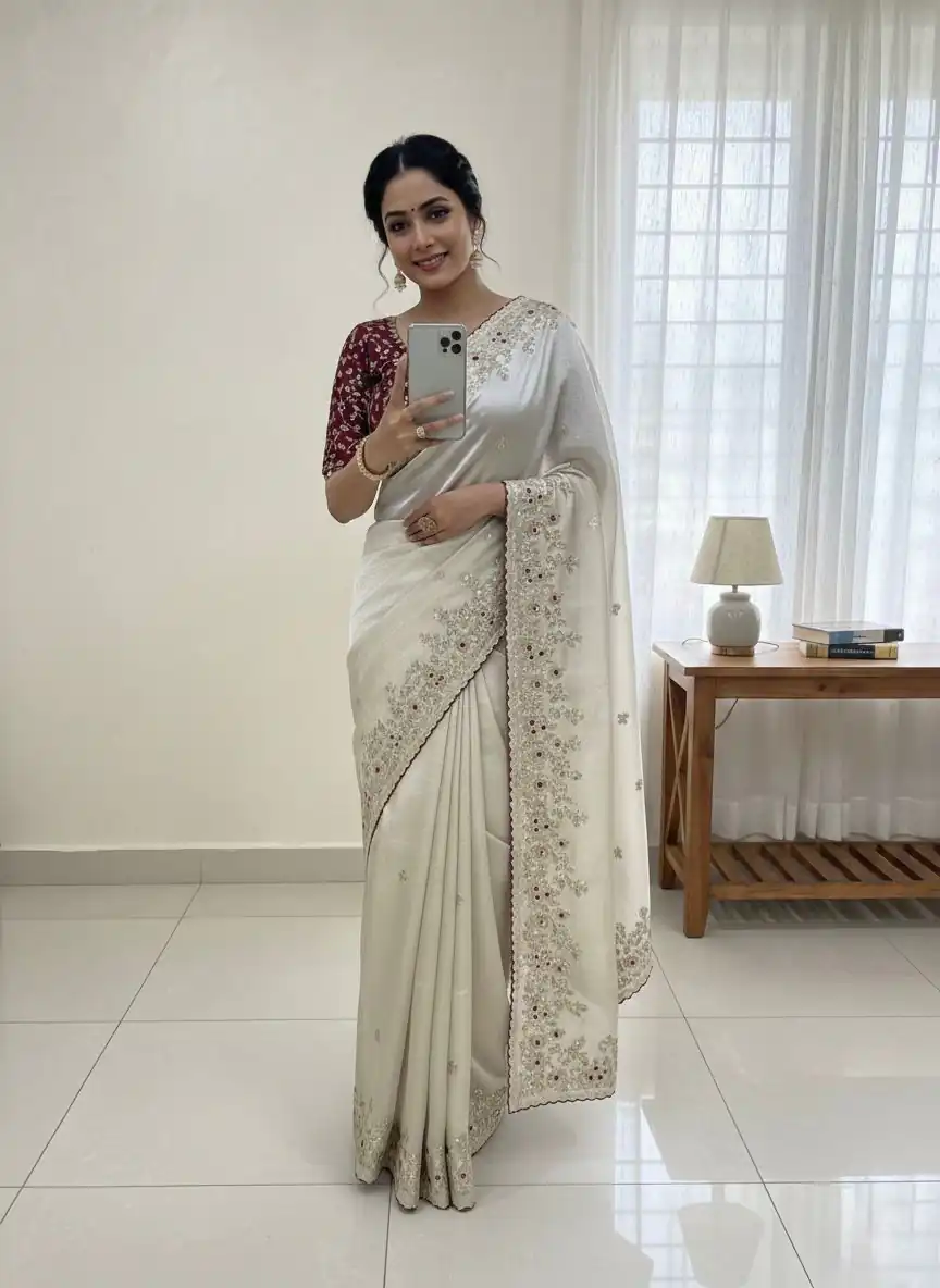 NC 5555 White Organza Silk Saree with Sequins Work & Embroidery Work. Exclusive Offer ₹2049. Delivery 4-6 Working Days. Shop now. | Bollywood Sarees, Creative Sarees, Designer Sarees, Embroidered Sarees, Ethnic Saree, Modern Digital sarees, Party Wear Sarees, Sarees