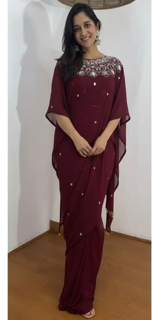 ST 1157 Wine in Faux Georgette Mirror Work & Embroidery Work Saree. Festive Deal ₹1899. Delivery 4-6 Working Days. Shop now. | Bollywood Sarees, Creative Sarees, Designer Sarees, Embroidered Sarees, Ethnic Saree, Modern Digital sarees, Party Wear Sarees, Sarees