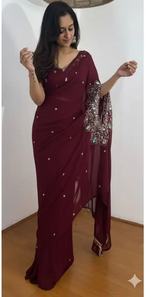 ST 1157 Wine in Faux Georgette Mirror Work & Embroidery Work Saree. Festive Deal ₹1899. Delivery 4-6 Working Days. Shop now. | Bollywood Sarees, Creative Sarees, Designer Sarees, Embroidered Sarees, Ethnic Saree, Modern Digital sarees, Party Wear Sarees, Sarees