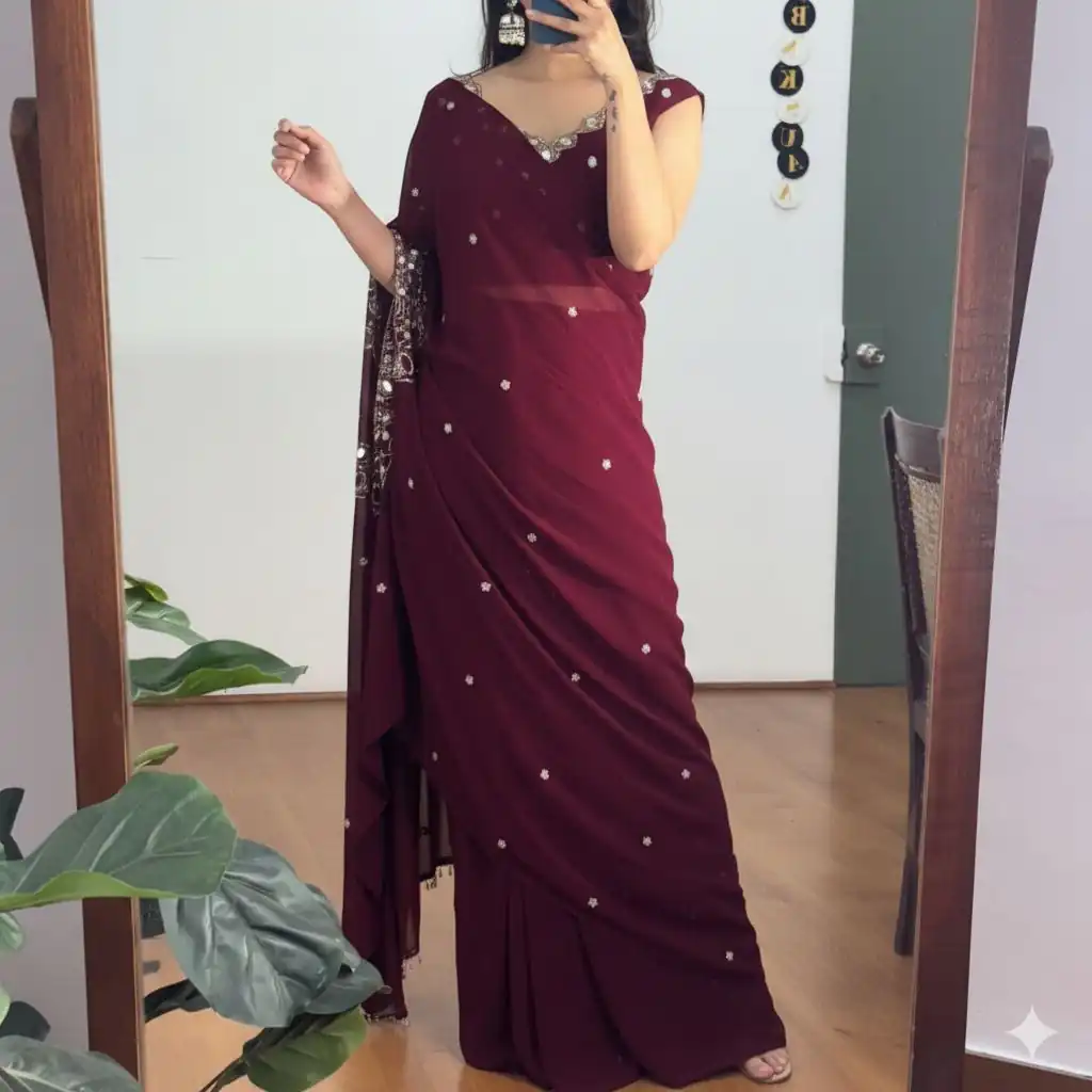 ST 1157 Wine in Faux Georgette Mirror Work & Embroidery Work Saree. Festive Deal ₹1899. Delivery 4-6 Working Days. Shop now. | Bollywood Sarees, Creative Sarees, Designer Sarees, Embroidered Sarees, Ethnic Saree, Modern Digital sarees, Party Wear Sarees, Sarees