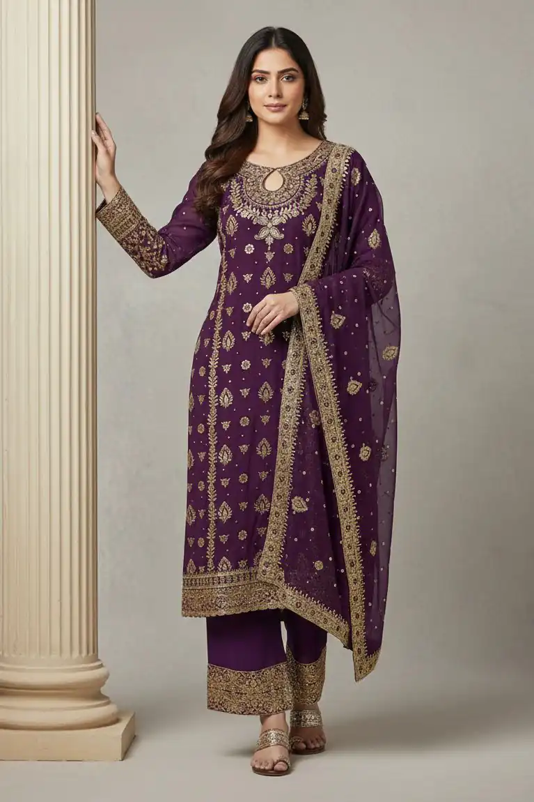 SRK 5231 Wine Color Pure Chinon Silk With Embroidery Sequence Work Salwar Suit Casual, Wedding, Party, Festive, Events Etc.4-6 Working Days@ 2699/-only | Jump Suits, Straight Suits, Casual Suits, Creative suits, Designer Suits, Palazzo Suits, Party Wear Suits, Patiala Suits, Salwar suit