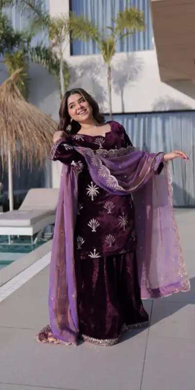 KA 1220 Wine Ice Velvet Salwar Suit with Embroidery Work & Zari Work. Exclusive Offer ₹2499. Delivery 4-6 Working Days. Shop now. | Jump Suits, Straight Suits, Casual Suits, Creative suits, Designer Suits, Palazzo Suits, Party Wear Suits, Patiala Suits, Salwar suit