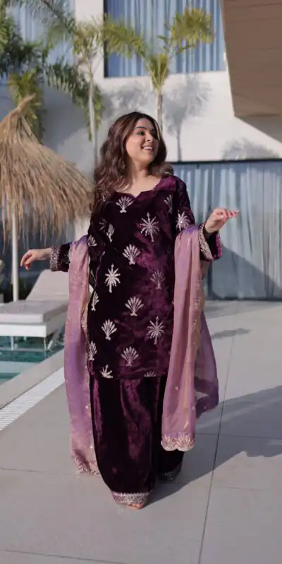 KA 1220 Wine Ice Velvet Salwar Suit with Embroidery Work & Zari Work. Exclusive Offer ₹2499. Delivery 4-6 Working Days. Shop now. | Jump Suits, Straight Suits, Casual Suits, Creative suits, Designer Suits, Palazzo Suits, Party Wear Suits, Patiala Suits, Salwar suit