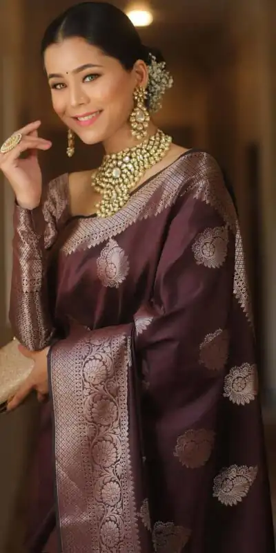 KPR 275 Wine Soft Lichi Silk Saree Perfect for Wedding, Party, Raksha Bandhan, Sangeet, Eid – . Get it for ₹1349. Delivery 4-6 Working Days. | Bollywood Sarees, Creative Sarees, Designer Sarees, Embroidered Sarees, Ethnic Saree, Modern Digital sarees, Party Wear Sarees, Sarees