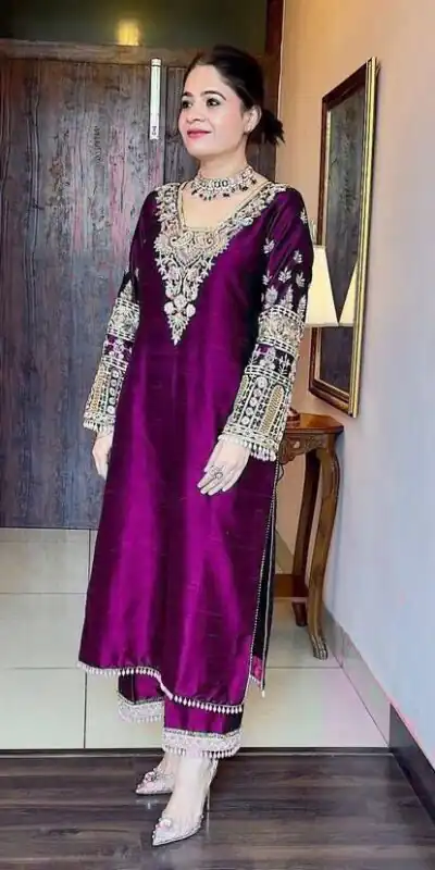 ST 170 Wine Cowrie Work & Embroidery Work Salwar Suit in Wine Vichitra Silk. Grab it for ₹2049. Delivery 4-6 Working Days. Shop now. | Jump Suits, Straight Suits, Casual Suits, Creative suits, Designer Suits, Palazzo Suits, Party Wear Suits, Patiala Suits, Salwar suit