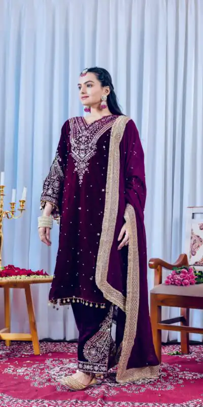 AD 134 Wine Color Heavy Pure Viscose Velvet Embroidery Sharara Suit Wedding, Party, Festive, Events Etc. Expected Delivery  4-6 Working Days @2099/- | Jump Suits, Straight Suits, Casual Suits, Creative suits, Designer Suits, Palazzo Suits, Party Wear Suits, Patiala Suits, Salwar suit