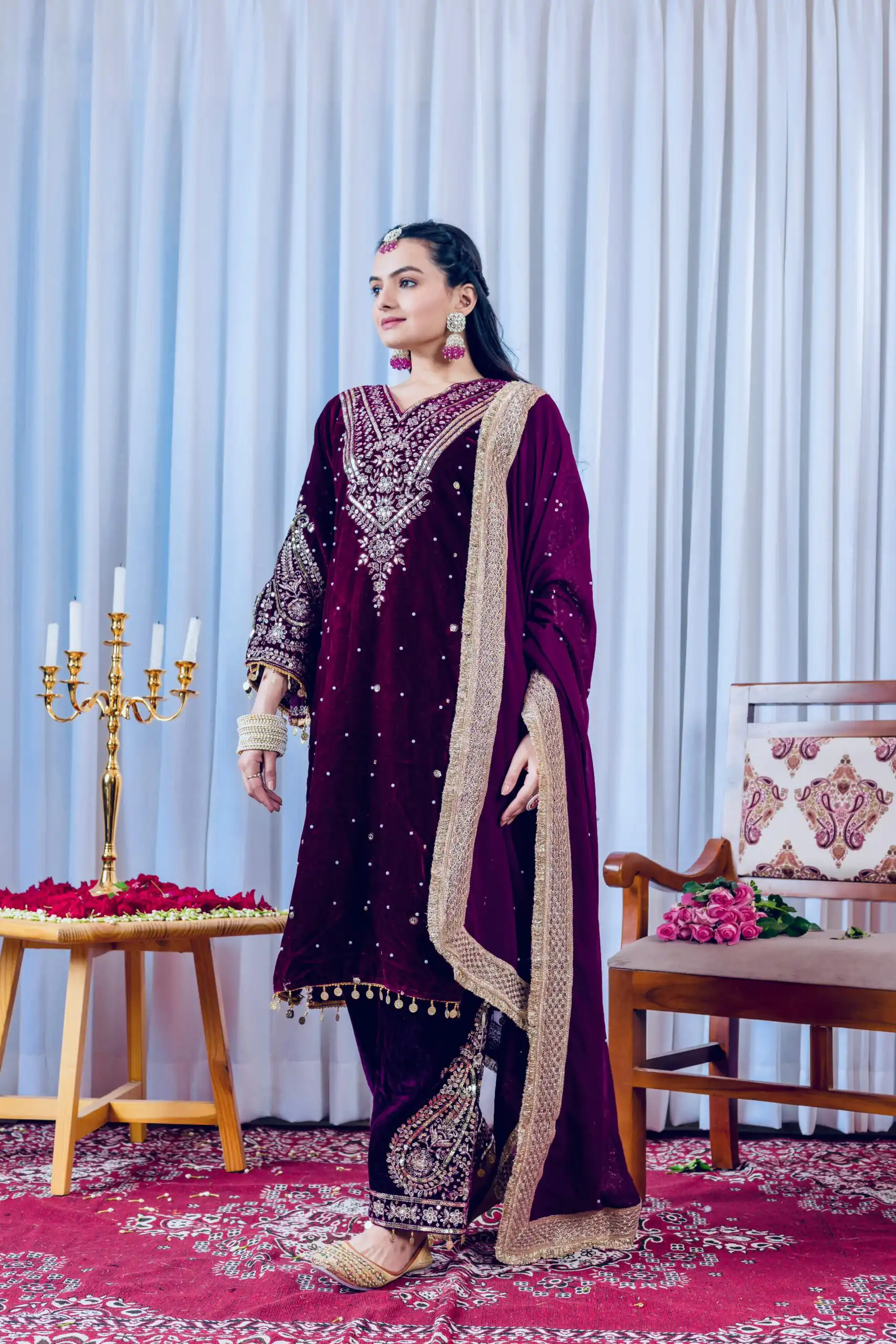 AD 134 Wine Color Heavy Pure Viscose Velvet Embroidery Sharara Suit Wedding, Party, Festive, Events Etc. Expected Delivery  4-6 Working Days @2099/- | Jump Suits, Straight Suits, Casual Suits, Creative suits, Designer Suits, Palazzo Suits, Party Wear Suits, Patiala Suits, Salwar suit