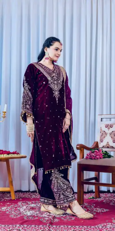AD 134 Wine Color Heavy Pure Viscose Velvet Embroidery Sharara Suit Wedding, Party, Festive, Events Etc. Expected Delivery  4-6 Working Days @2099/- | Jump Suits, Straight Suits, Casual Suits, Creative suits, Designer Suits, Palazzo Suits, Party Wear Suits, Patiala Suits, Salwar suit