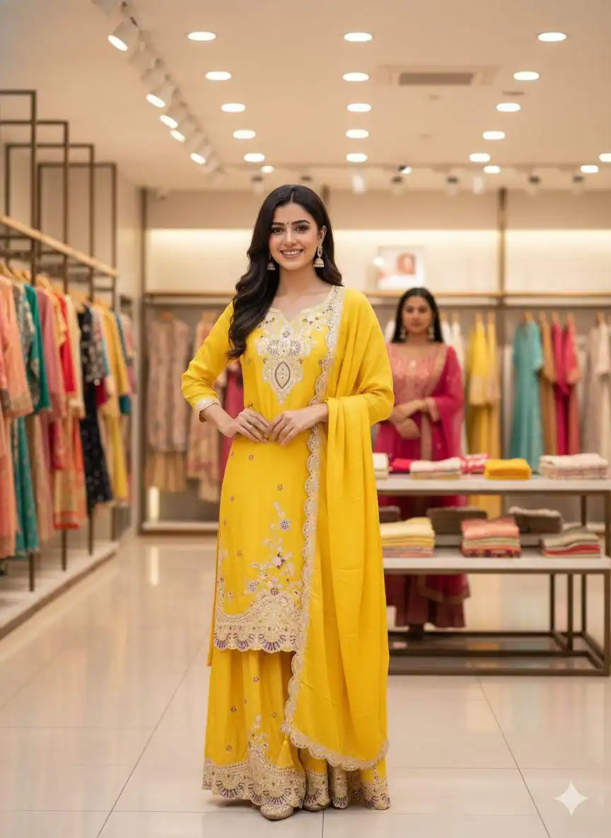 LG 2058 Yellow Chinon Salwar Suit with Embroidery Work. Wedding, Party, Festive, Events, Grab it for ₹2449. Delivery 4-6 Working Days. Shop now. | Jump Suits, Straight Suits, Casual Suits, Creative suits, Designer Suits, Palazzo Suits, Party Wear Suits, Patiala Suits, Salwar suit