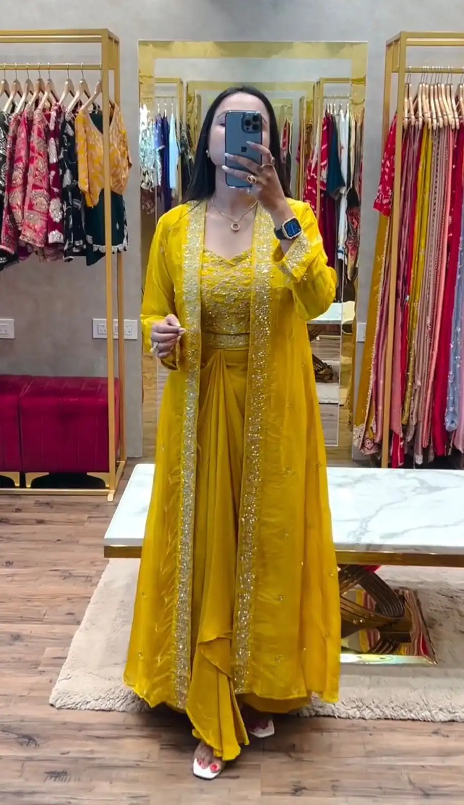 BB 56 Yellow Chinon Silk Dhoti Suit with Embroidery Work & Sequins Work. Grab it for ₹1899. Delivery 4-6 Working Days. Shop now. | Jump Suits, Straight Suits, Casual Suits, Creative suits, Designer Suits, Palazzo Suits, Party Wear Suits, Patiala Suits, Salwar suit