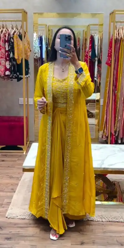 BB 56 Yellow Chinon Silk Dhoti Suit with Embroidery Work & Sequins Work. Grab it for ₹1899. Delivery 4-6 Working Days. Shop now. | Jump Suits, Straight Suits, Casual Suits, Creative suits, Designer Suits, Palazzo Suits, Party Wear Suits, Patiala Suits, Salwar suit