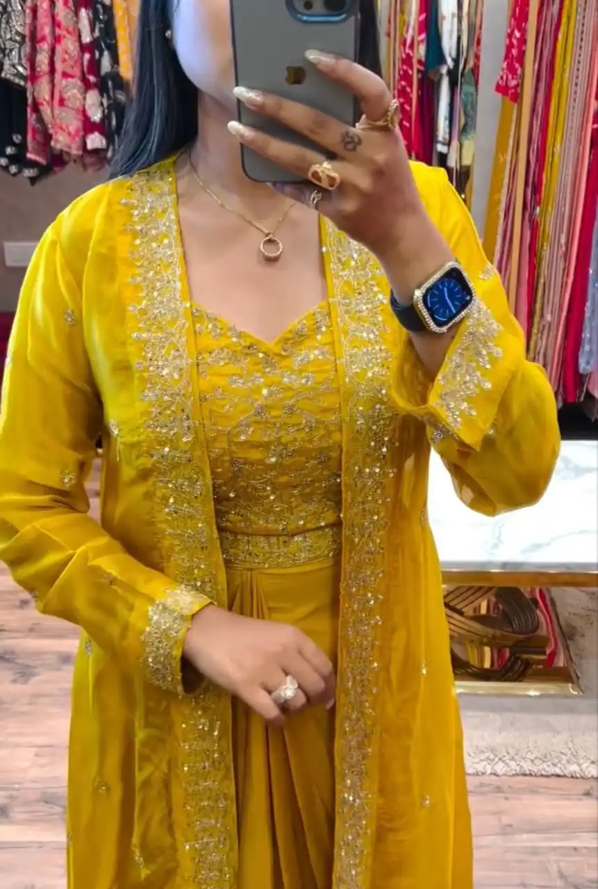 BB 56 Yellow Chinon Silk Dhoti Suit with Embroidery Work & Sequins Work. Grab it for ₹1899. Delivery 4-6 Working Days. Shop now. | Jump Suits, Straight Suits, Casual Suits, Creative suits, Designer Suits, Palazzo Suits, Party Wear Suits, Patiala Suits, Salwar suit
