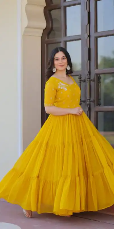 KA 1173 Yellow Faux Blooming Gown Perfect for Wedding, Party, Eid, Pooja, Baisakhi – . Now at just ₹1849. Delivery 4-6 Working Days. Shop now. | Bollywood Gowns, Creative Gowns, Designer Gowns, Embroidered Gowns, Gowns, Party Wear Gowns