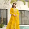 KA 1162 Yellow Faux Blooming Gown with Embroidery Work & Zari Work. Available at ₹2649 only. Delivery 4-6 Working Days. Shop now. | Bollywood Gowns, Creative Gowns, Designer Gowns, Embroidered Gowns, Gowns, Party Wear Gowns