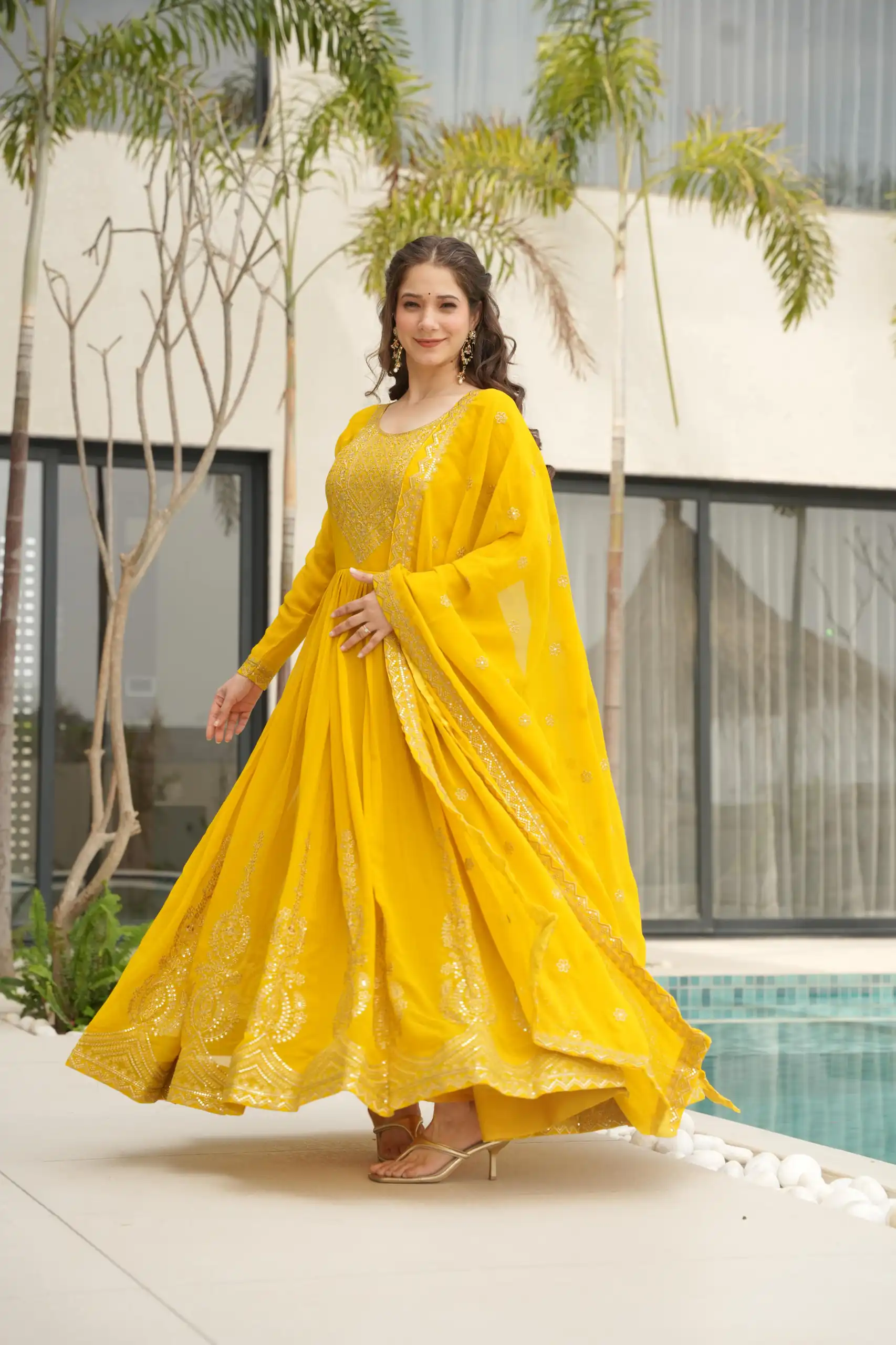 KA 1162 Yellow Faux Blooming Gown with Embroidery Work & Zari Work. Available at ₹2649 only. Delivery 4-6 Working Days. Shop now. | Bollywood Gowns, Creative Gowns, Designer Gowns, Embroidered Gowns, Gowns, Party Wear Gowns