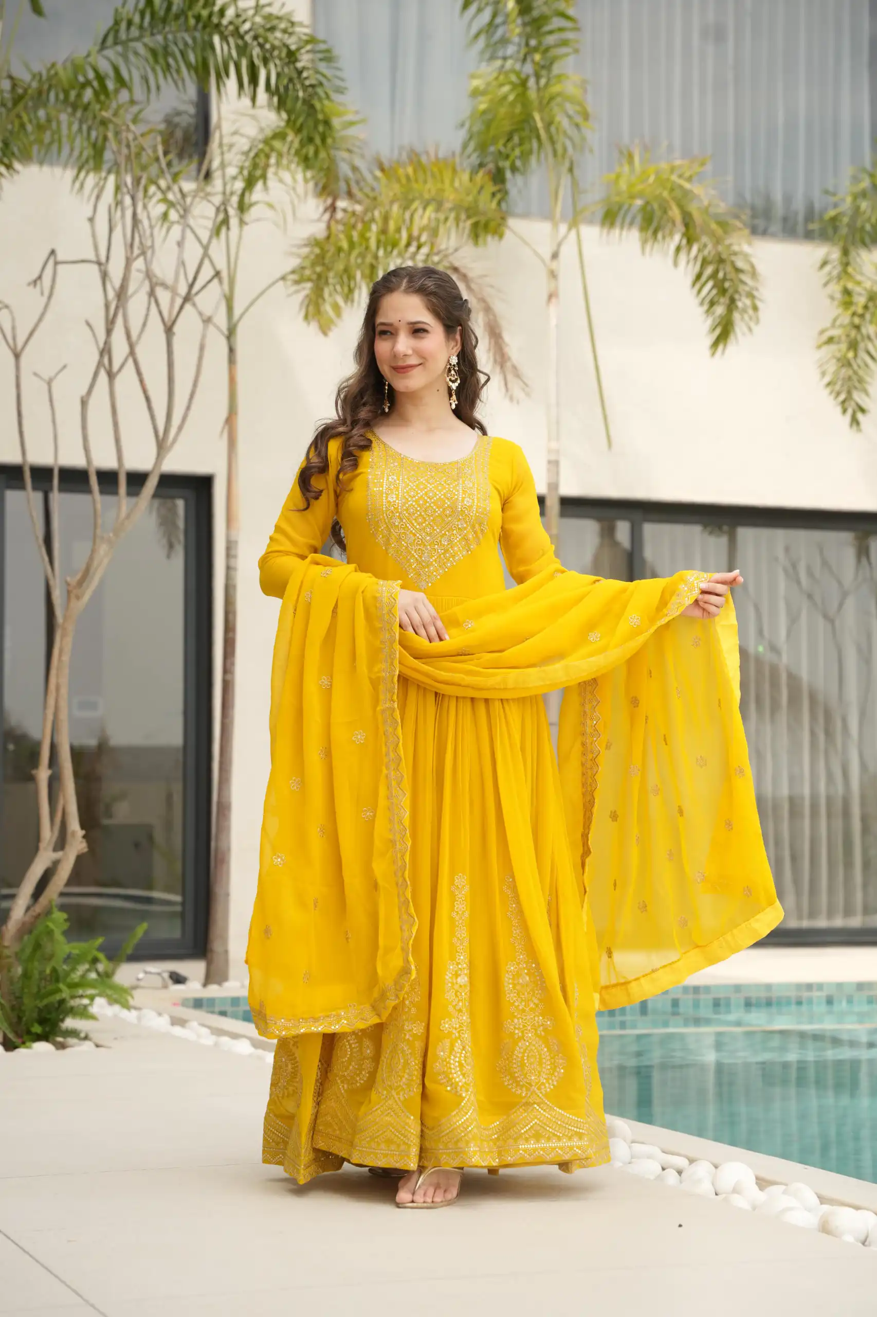 KA 1162 Yellow Faux Blooming Gown with Embroidery Work & Zari Work. Available at ₹2649 only. Delivery 4-6 Working Days. Shop now. | Bollywood Gowns, Creative Gowns, Designer Gowns, Embroidered Gowns, Gowns, Party Wear Gowns
