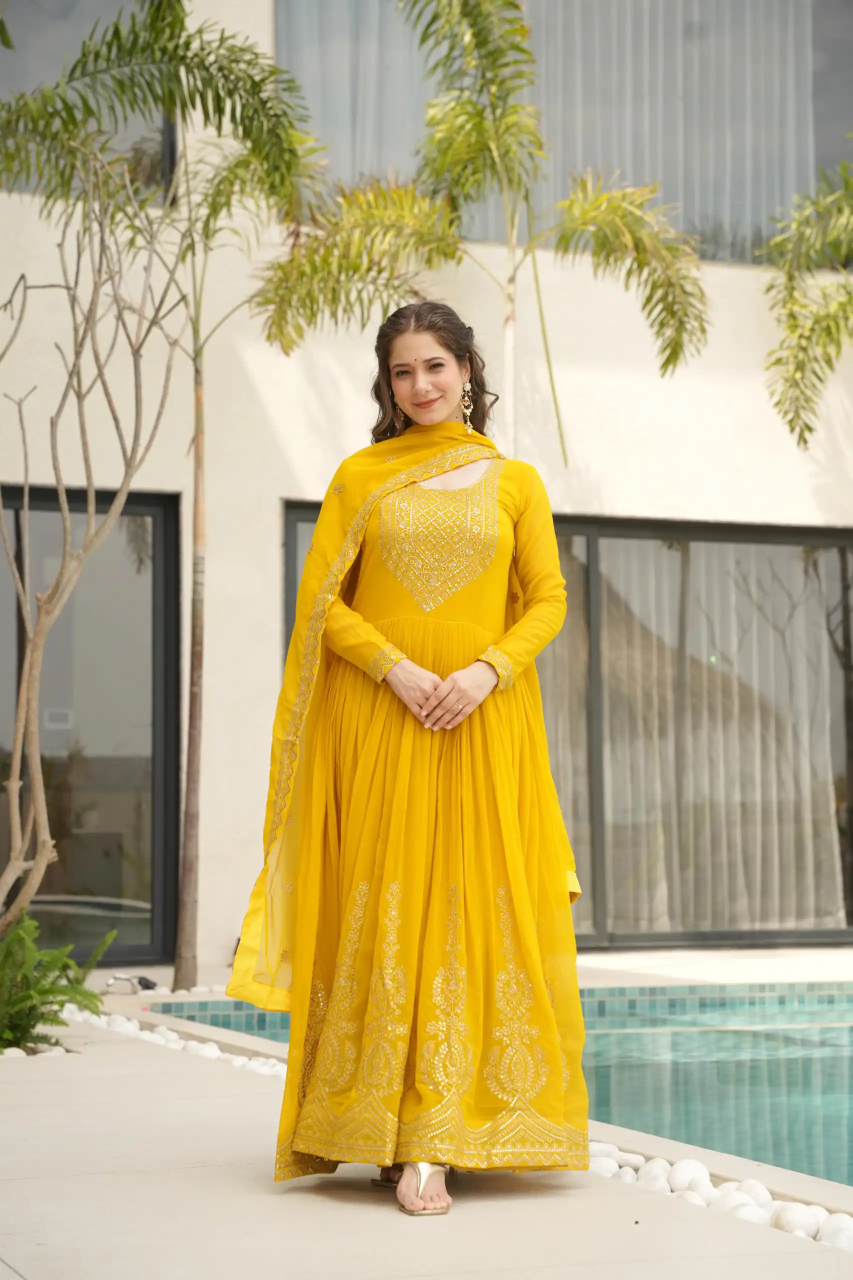 KA 1162 Yellow Faux Blooming Gown with Embroidery Work & Zari Work. Available at ₹2649 only. Delivery 4-6 Working Days. Shop now. | Bollywood Gowns, Creative Gowns, Designer Gowns, Embroidered Gowns, Gowns, Party Wear Gowns