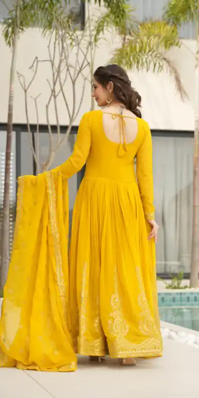 KA 1162 Yellow Faux Blooming Gown with Embroidery Work & Zari Work. Available at ₹2649 only. Delivery 4-6 Working Days. Shop now. | Bollywood Gowns, Creative Gowns, Designer Gowns, Embroidered Gowns, Gowns, Party Wear Gowns