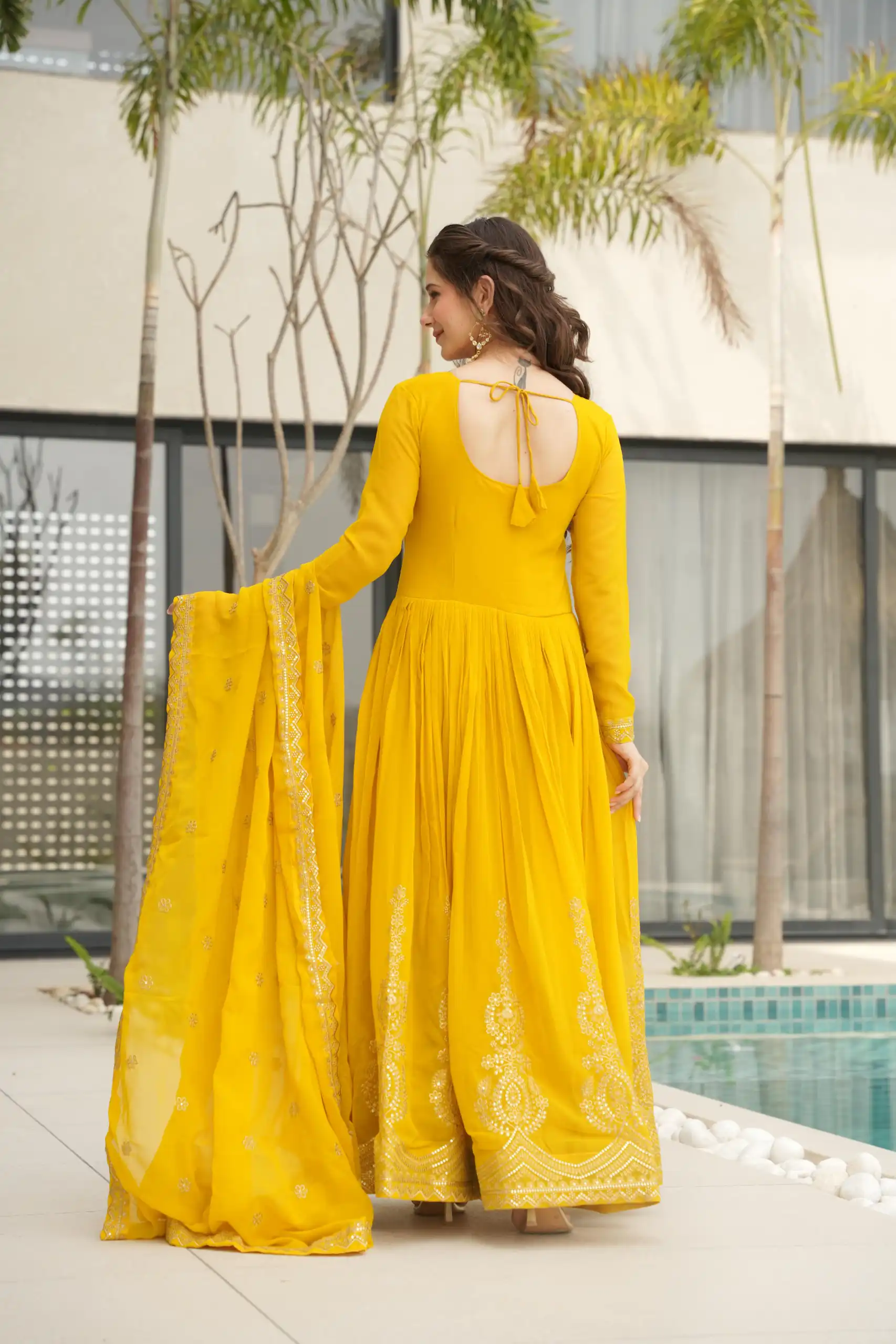 KA 1162 Yellow Faux Blooming Gown with Embroidery Work & Zari Work. Available at ₹2649 only. Delivery 4-6 Working Days. Shop now. | Bollywood Gowns, Creative Gowns, Designer Gowns, Embroidered Gowns, Gowns, Party Wear Gowns