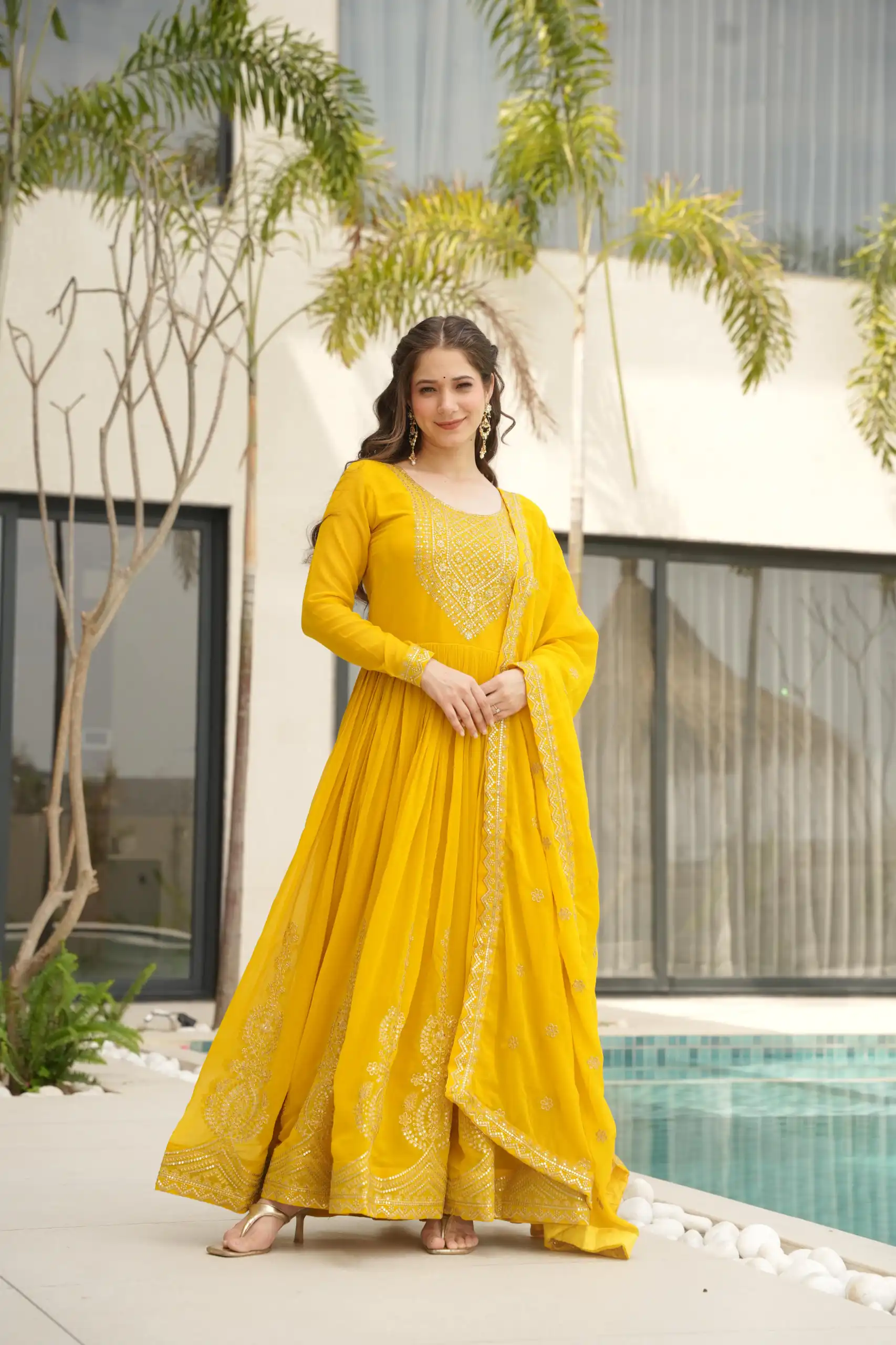 KA 1162 Yellow Faux Blooming Gown with Embroidery Work & Zari Work. Available at ₹2649 only. Delivery 4-6 Working Days. Shop now. | Bollywood Gowns, Creative Gowns, Designer Gowns, Embroidered Gowns, Gowns, Party Wear Gowns