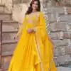 KA 1147 Yellow Faux Blooming Gown with Embroidery Work & Zari Work. Affordable Price ₹2049. Delivery 4-6 Working Days. Shop now. | Bollywood Gowns, Creative Gowns, Designer Gowns, Embroidered Gowns, Gowns, Party Wear Gowns