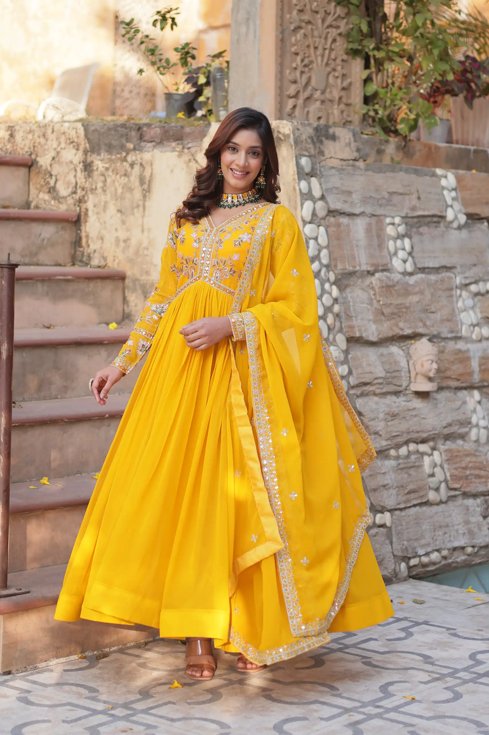 KA 1147 Yellow Faux Blooming Gown with Embroidery Work & Zari Work. Affordable Price ₹2049. Delivery 4-6 Working Days. Shop now. | Bollywood Gowns, Creative Gowns, Designer Gowns, Embroidered Gowns, Gowns, Party Wear Gowns