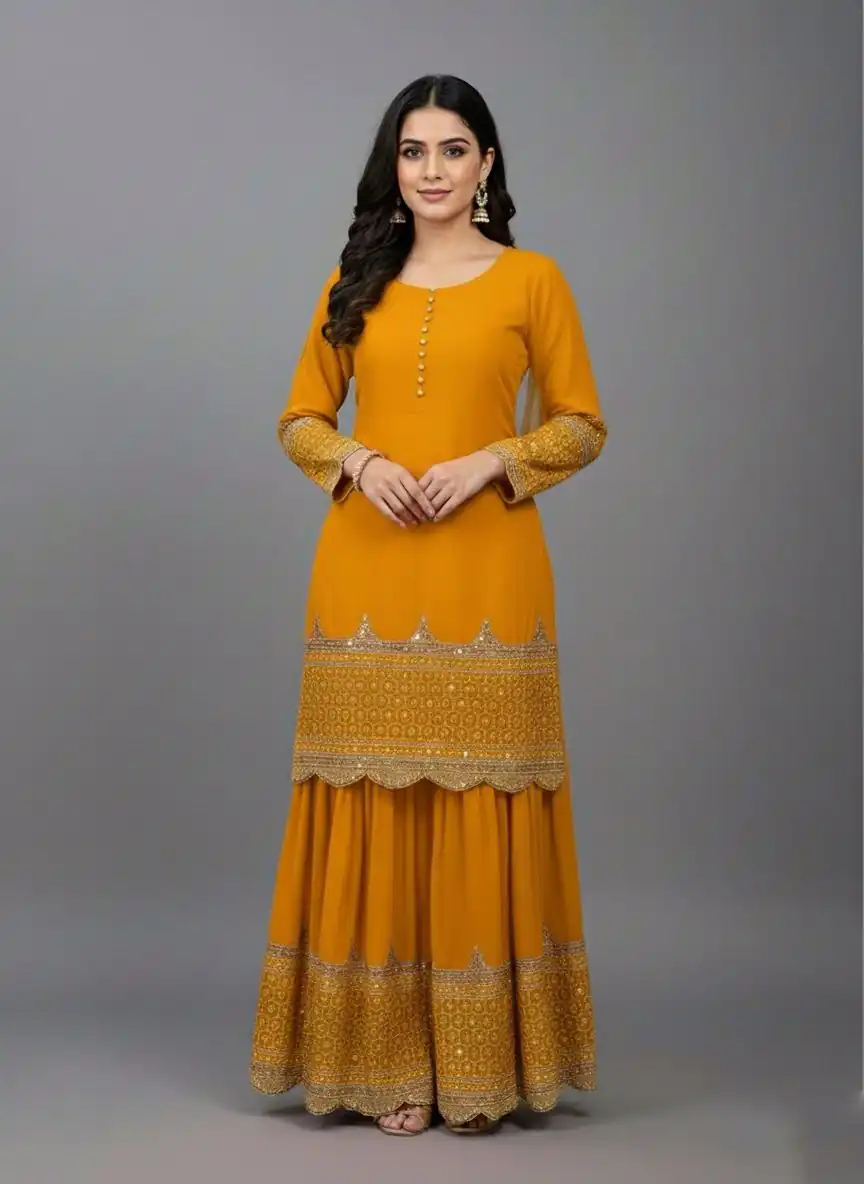ZF 250 Yellow Color Faux Georgette Embroidery Sequence Work Sharara Suit Wedding, Party, Festive, Events Etc. Expected Delivery 4-6 Working Days @2099/- | Jump Suits, Straight Suits, Casual Suits, Creative suits, Designer Suits, Palazzo Suits, Party Wear Suits, Patiala Suits, Salwar suit