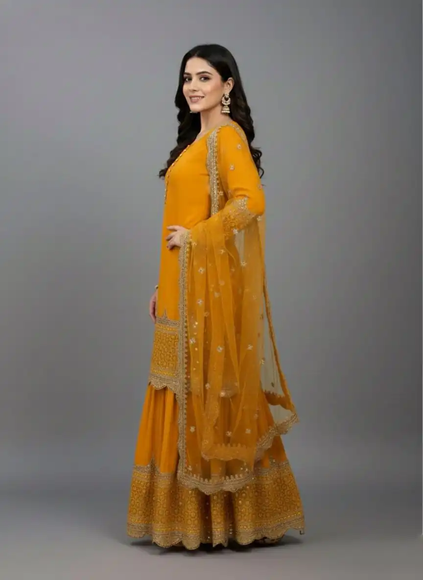 ZF 250 Yellow Color Faux Georgette Embroidery Sequence Work Sharara Suit Wedding, Party, Festive, Events Etc. Expected Delivery 4-6 Working Days @2099/- | Jump Suits, Straight Suits, Casual Suits, Creative suits, Designer Suits, Palazzo Suits, Party Wear Suits, Patiala Suits, Salwar suit