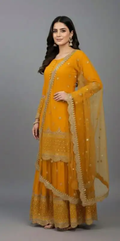 ZF 250 Yellow Color Faux Georgette Embroidery Sequence Work Sharara Suit Wedding, Party, Festive, Events Etc. Expected Delivery 4-6 Working Days @2099/- | Jump Suits, Straight Suits, Casual Suits, Creative suits, Designer Suits, Palazzo Suits, Party Wear Suits, Patiala Suits, Salwar suit