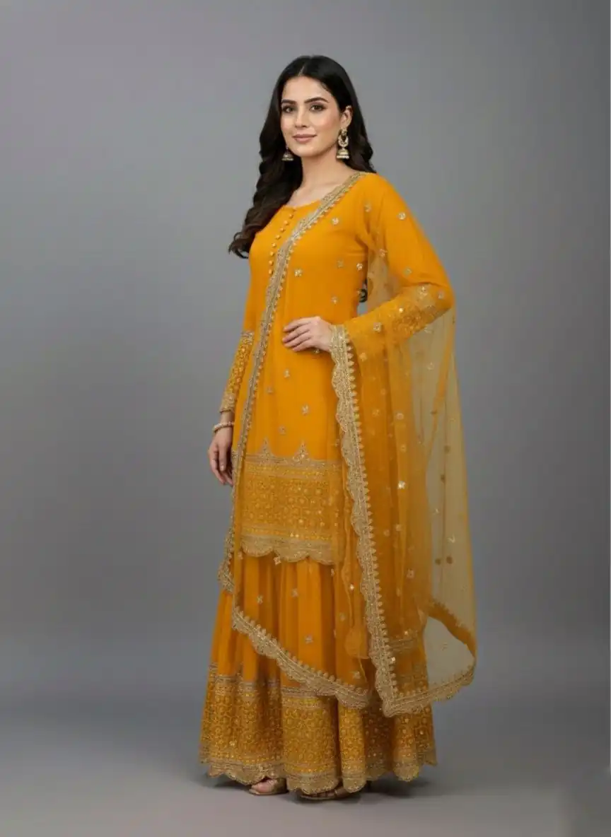 ZF 250 Yellow Color Faux Georgette Embroidery Sequence Work Sharara Suit Wedding, Party, Festive, Events Etc. Expected Delivery 4-6 Working Days @2099/- | Jump Suits, Straight Suits, Casual Suits, Creative suits, Designer Suits, Palazzo Suits, Party Wear Suits, Patiala Suits, Salwar suit