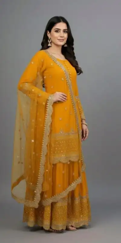 ZF 250 Yellow Color Faux Georgette Embroidery Sequence Work Sharara Suit Wedding, Party, Festive, Events Etc. Expected Delivery 4-6 Working Days @2099/- | Jump Suits, Straight Suits, Casual Suits, Creative suits, Designer Suits, Palazzo Suits, Party Wear Suits, Patiala Suits, Salwar suit