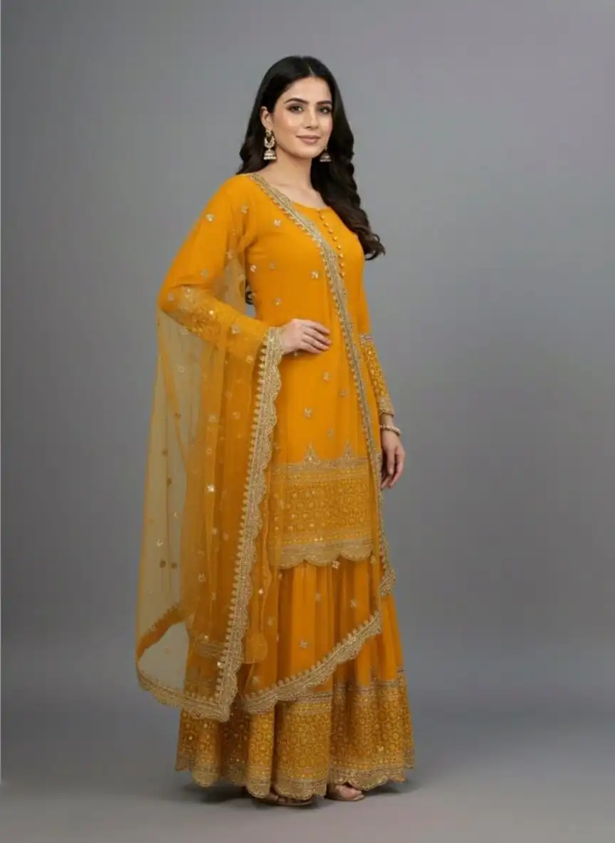 ZF 250 Yellow Color Faux Georgette Embroidery Sequence Work Sharara Suit Wedding, Party, Festive, Events Etc. Expected Delivery 4-6 Working Days @2099/- | Jump Suits, Straight Suits, Casual Suits, Creative suits, Designer Suits, Palazzo Suits, Party Wear Suits, Patiala Suits, Salwar suit