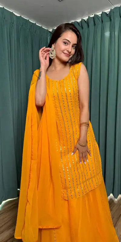 FB L299 Yellow in Color Georgette Mirror Work Lehenga Choli e. Introductory Price ₹2549. Delivery 4-6 Working Days. Shop now. | Bollywood Lehenga, Creative Lehenga, Designer Lehenga, Embroidered Lehenga, Lehenga, Party Wear Lehenga