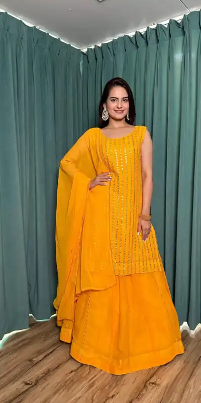 FB L299 Yellow in Color Georgette Mirror Work Lehenga Choli e. Introductory Price ₹2549. Delivery 4-6 Working Days. Shop now. | Bollywood Lehenga, Creative Lehenga, Designer Lehenga, Embroidered Lehenga, Lehenga, Party Wear Lehenga