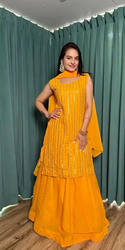 FB L299 Yellow in Color Georgette Mirror Work Lehenga Choli e. Introductory Price ₹2549. Delivery 4-6 Working Days. Shop now. | Bollywood Lehenga, Creative Lehenga, Designer Lehenga, Embroidered Lehenga, Lehenga, Party Wear Lehenga