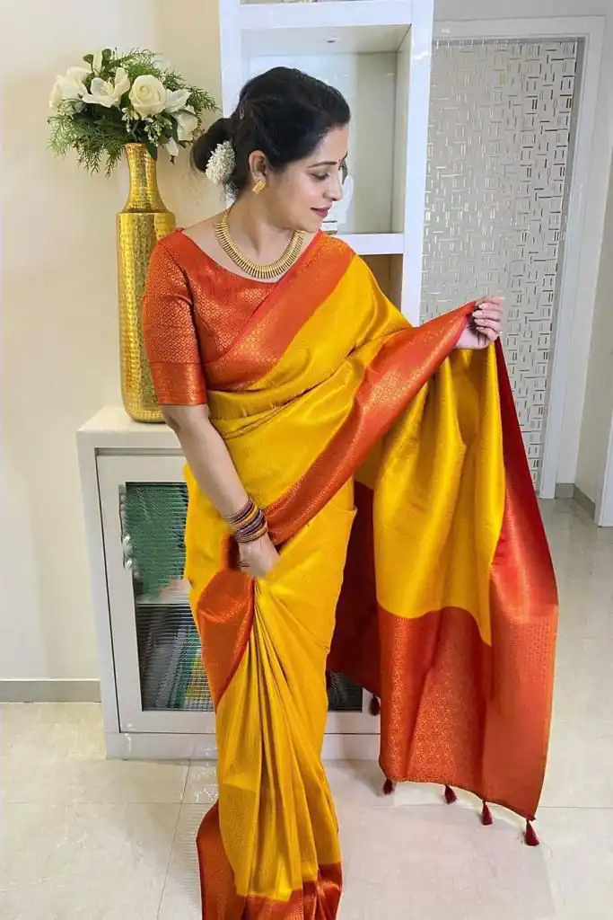 KPR 149 Yellow in Soft Lichi Silk Lace Work & Lace Border Saree. Affordable Price ₹1449. Delivery 4-6 Working Days. Shop now. | Bollywood Sarees, Creative Sarees, Designer Sarees, Embroidered Sarees, Ethnic Saree, Modern Digital sarees, Party Wear Sarees, Sarees