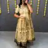 MF 666 Yellow Malai Satin Gown with Digital Print & Kalamkari Print. Now at just ₹1499. Delivery 4-6 Working Days. Shop now. | Bollywood Gowns, Creative Gowns, Designer Gowns, Embroidered Gowns, Gowns, Party Wear Gowns
