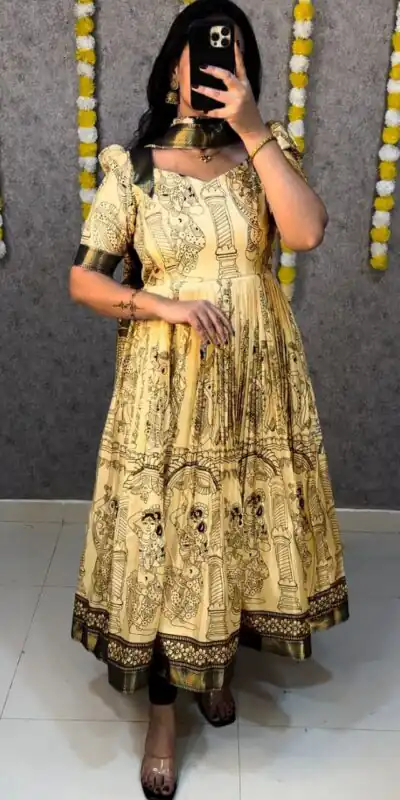MF 666 Yellow Malai Satin Gown with Digital Print & Kalamkari Print. Now at just ₹1499. Delivery 4-6 Working Days. Shop now. | Bollywood Gowns, Creative Gowns, Designer Gowns, Embroidered Gowns, Gowns, Party Wear Gowns