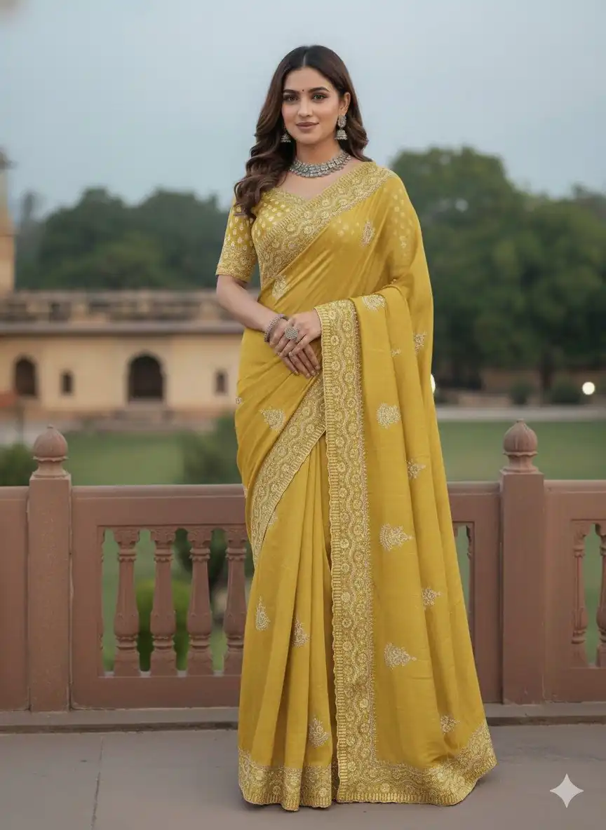 JR 654 Yellow Color Soft Gold Crush Saree with Embroidery Work. Affordable Price ₹2049. Delivery 4-6 Working Days. Shop now. | Bollywood Sarees, Creative Sarees, Designer Sarees, Embroidered Sarees, Ethnic Saree, Modern Digital sarees, Party Wear Sarees, Sarees