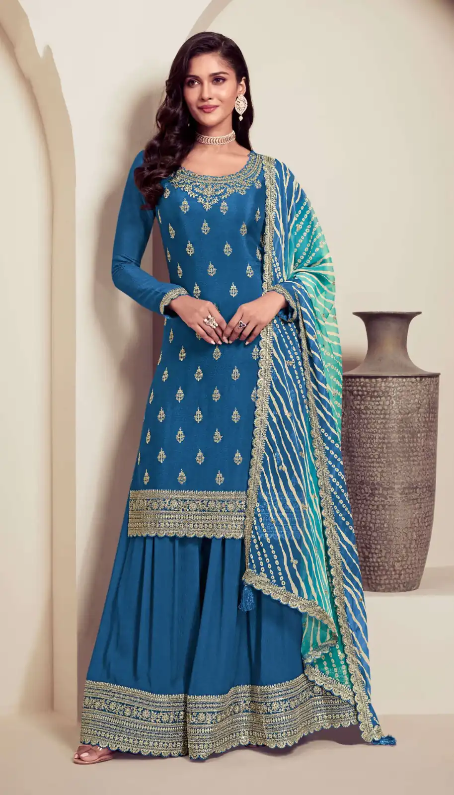 Aglow Blue Viscous Chinon Embroider Work Salwar Suit