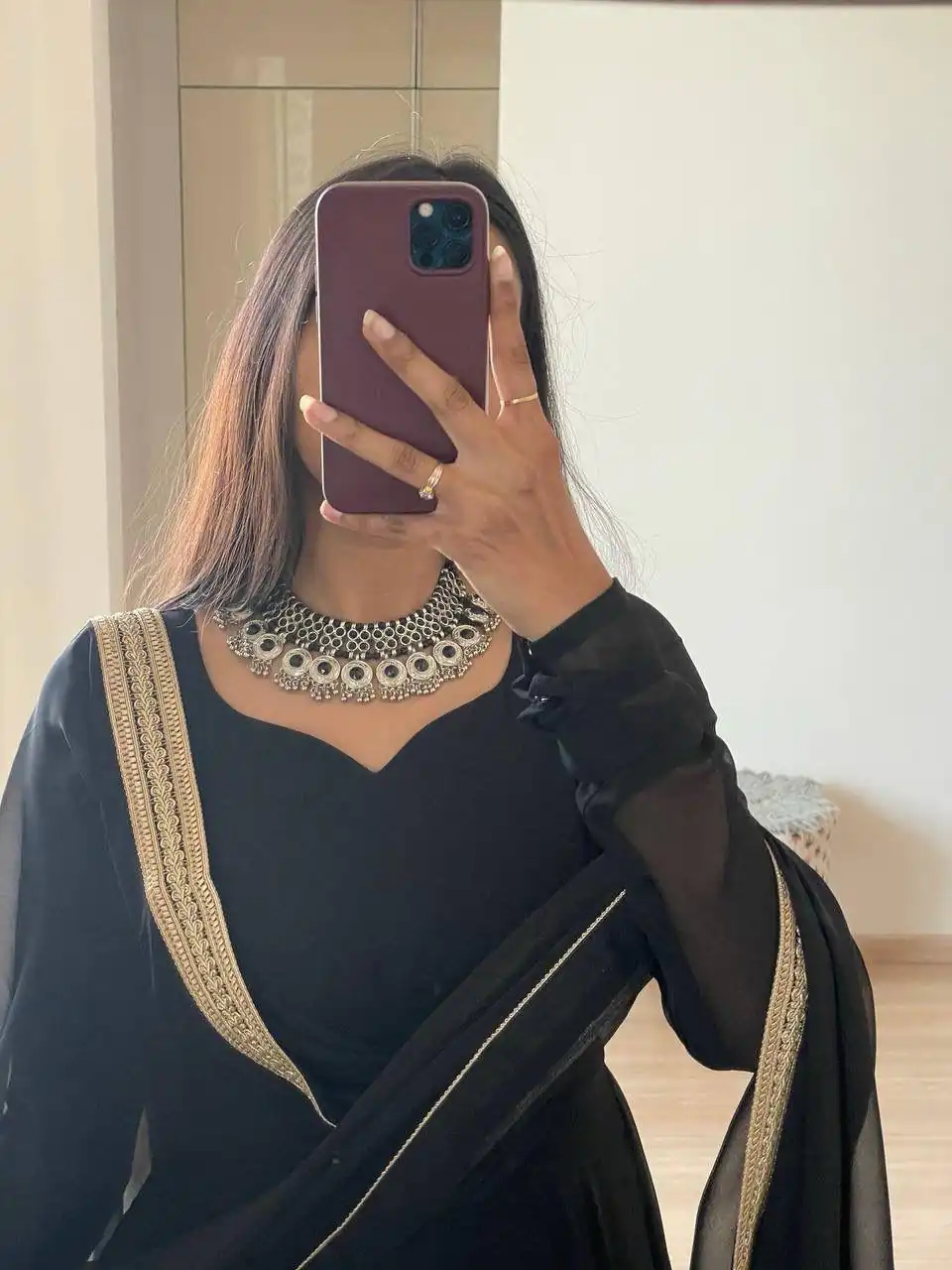 Alluring Black Georgette With Lace Work Gown - Image 3