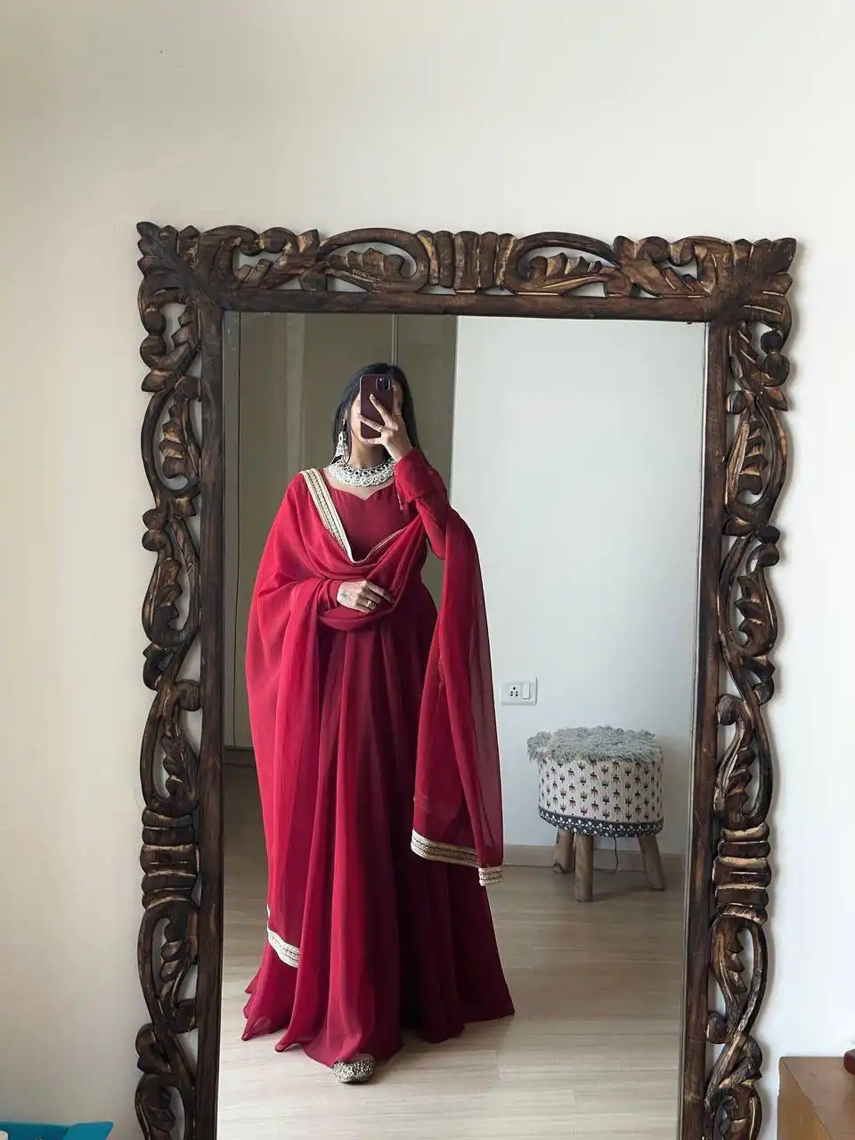 Alluring Red Georgette With Lace Work Gown